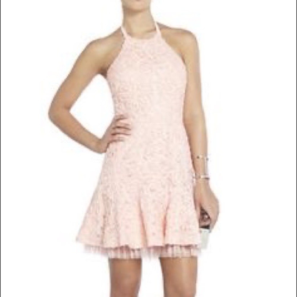 BCBGMaxAzria Blush Pink Lace Backless Halter Dress